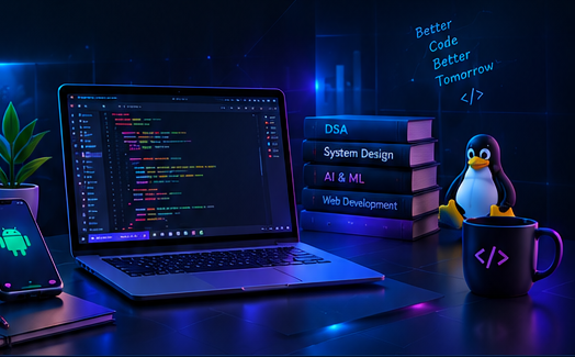 Developer workstation with laptop, phone, plant, books, Linux mascot and coding mug